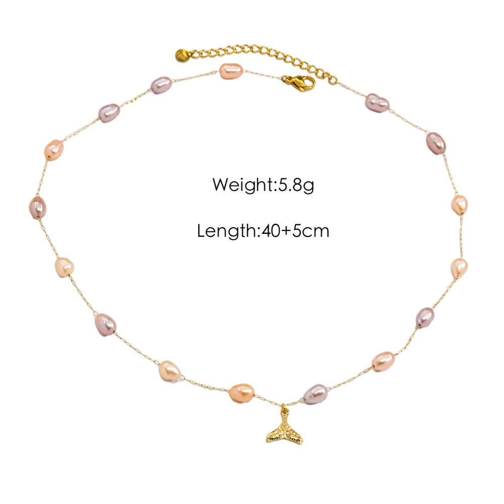 Wholesale  Light Luxury  Colorful Gravel Beaded Natural Pearl Beaded 14K Gold Stainless Steel Pendant  Necklace