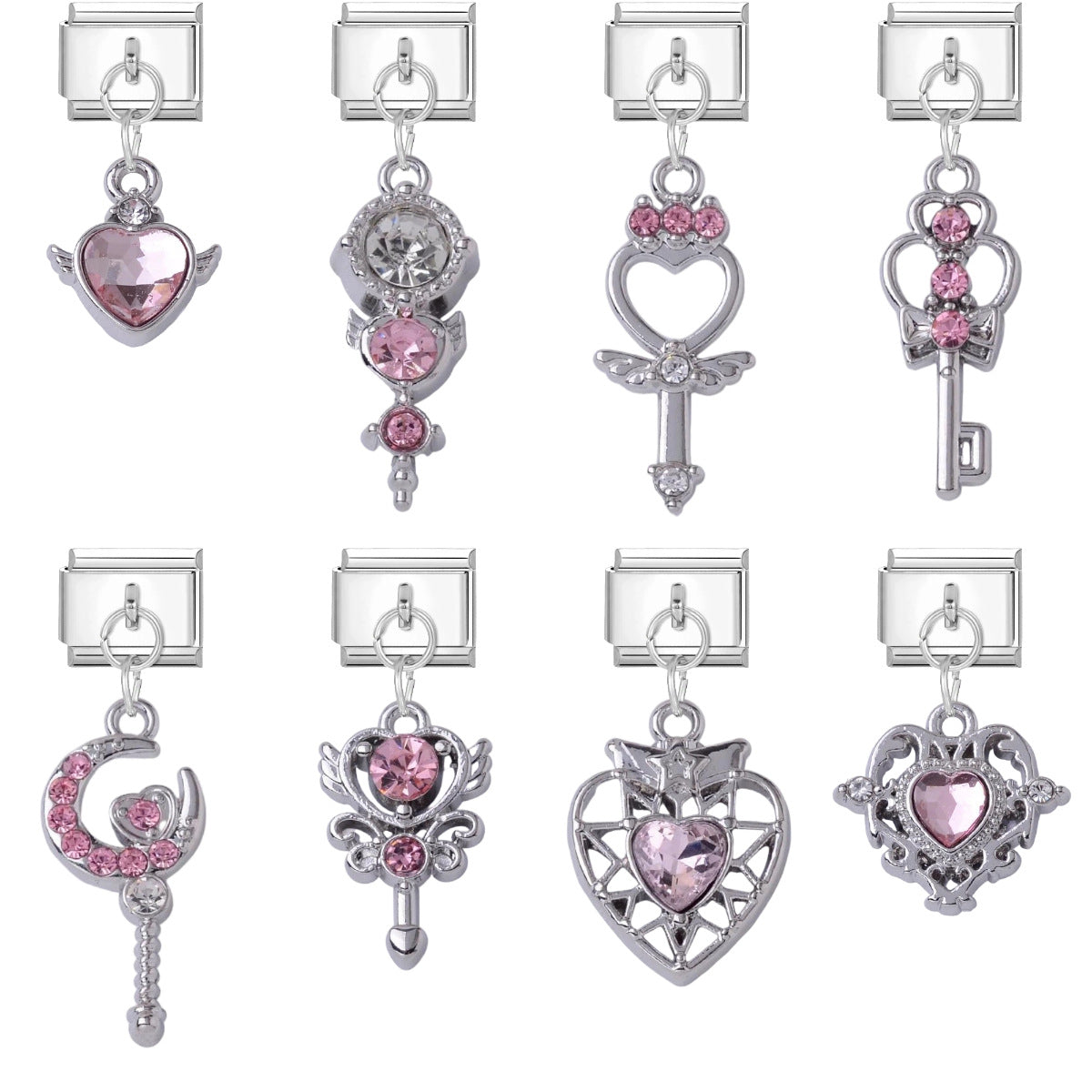 Wholesale DIY Bracelet Charms Pink Crystal Heart Wand Pendant Silver Edge Titanium Steel Jewelry Accessory For Casual Gift