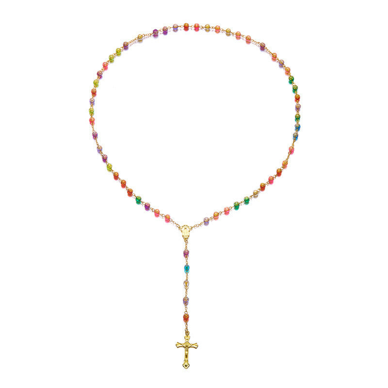 Wholesale Petal-shaped Colored Beads Madonna Cross Necklace Long Chain
