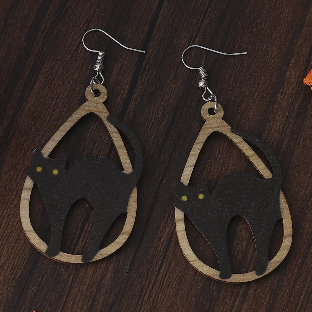 Wholesale   Black Cat Hollow Drop-Shaped Pendant Earrings