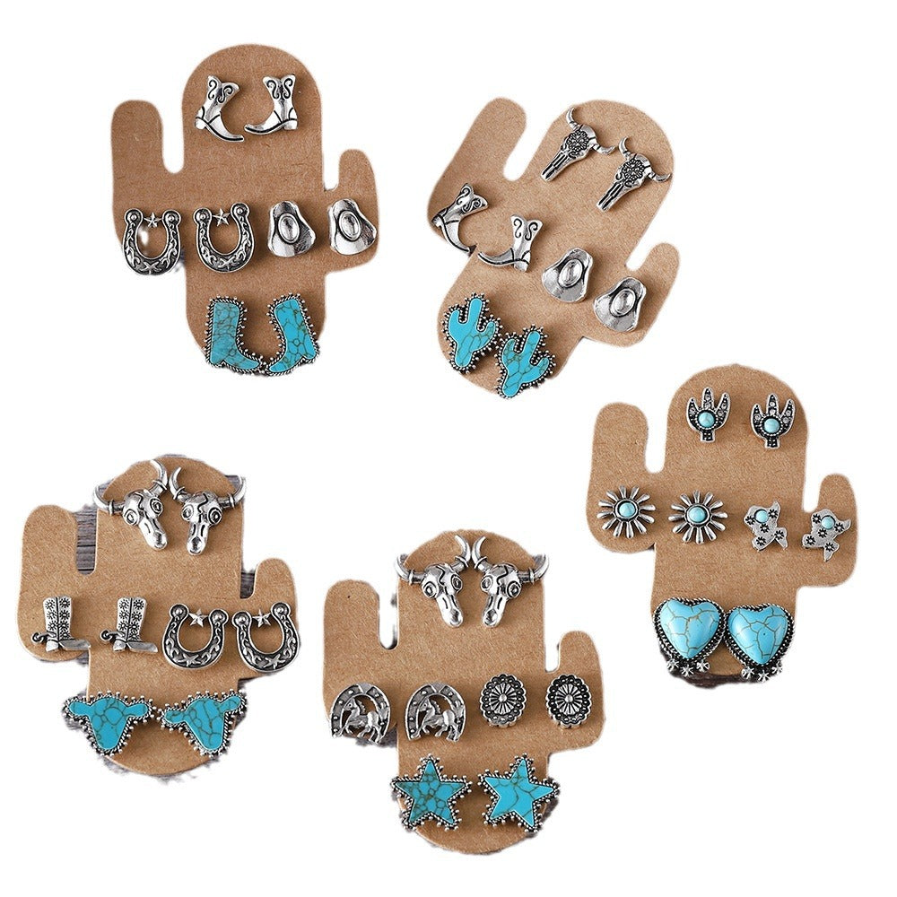 Wholesale Boots Hat Earrings Turquoise Cactus Four-piece suit