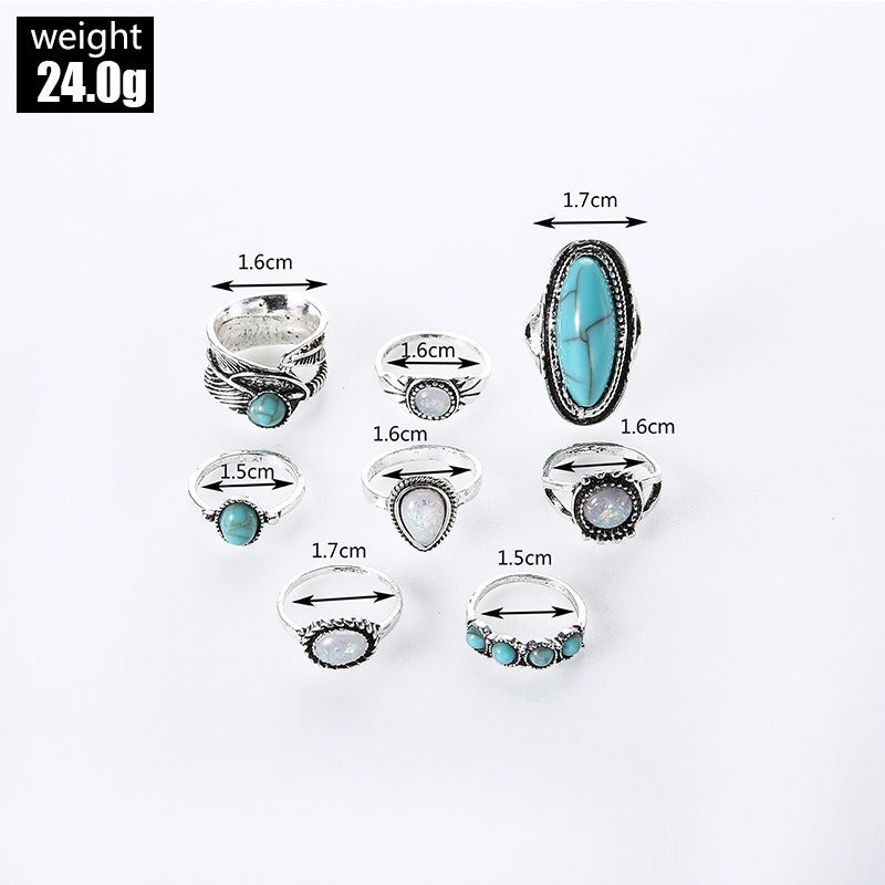 Wholesale Retro Set Turquoise Feather Ring Set