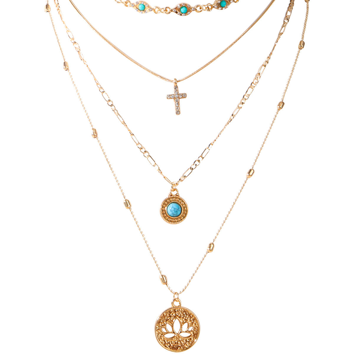 Wholesale Bohemian Multi-Layer Stacked Necklace Gold Electroplated Alloy Cross Pendant Women Fashion Accessory Gift