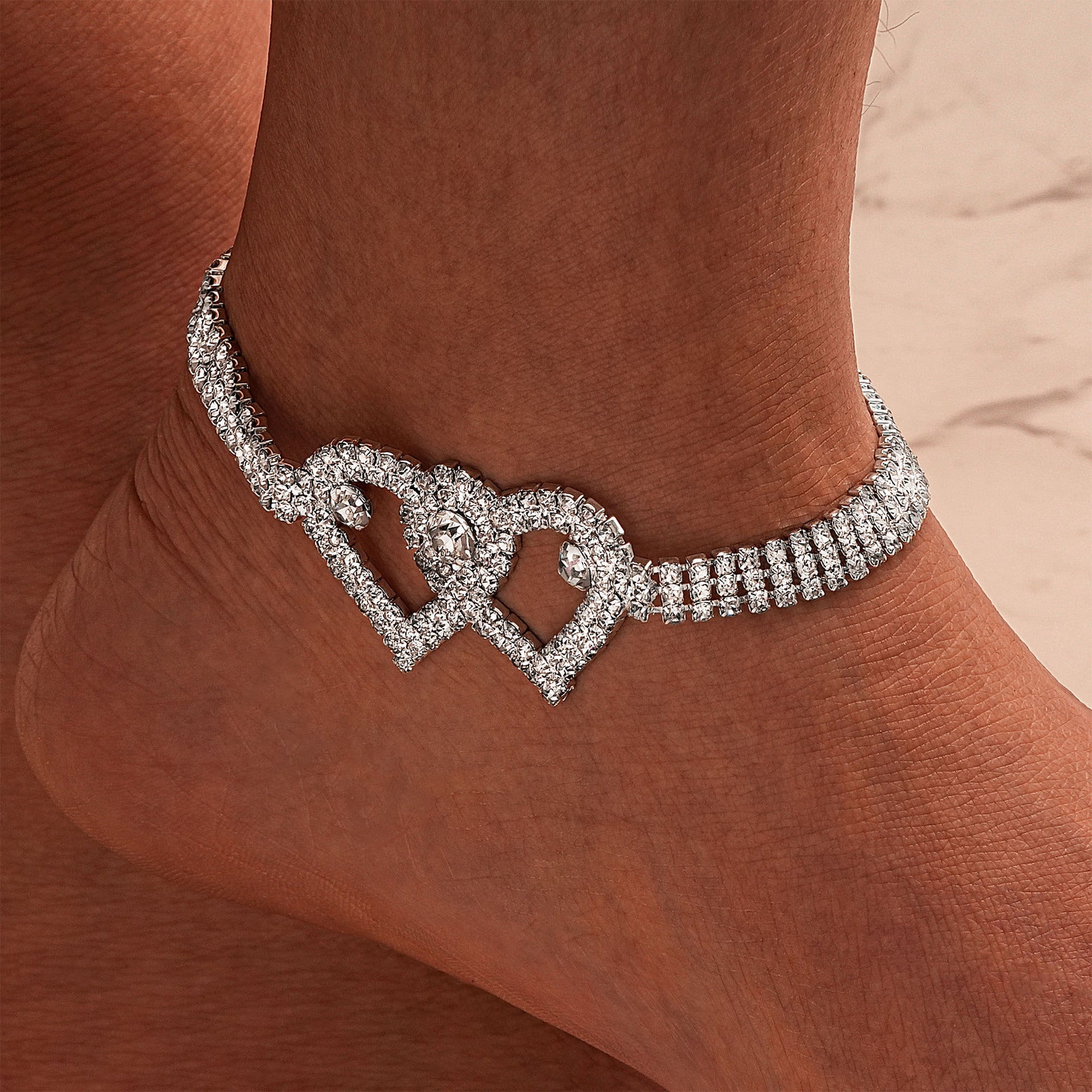 Wholesale double heart anklet full of diamonds shining beach anklet