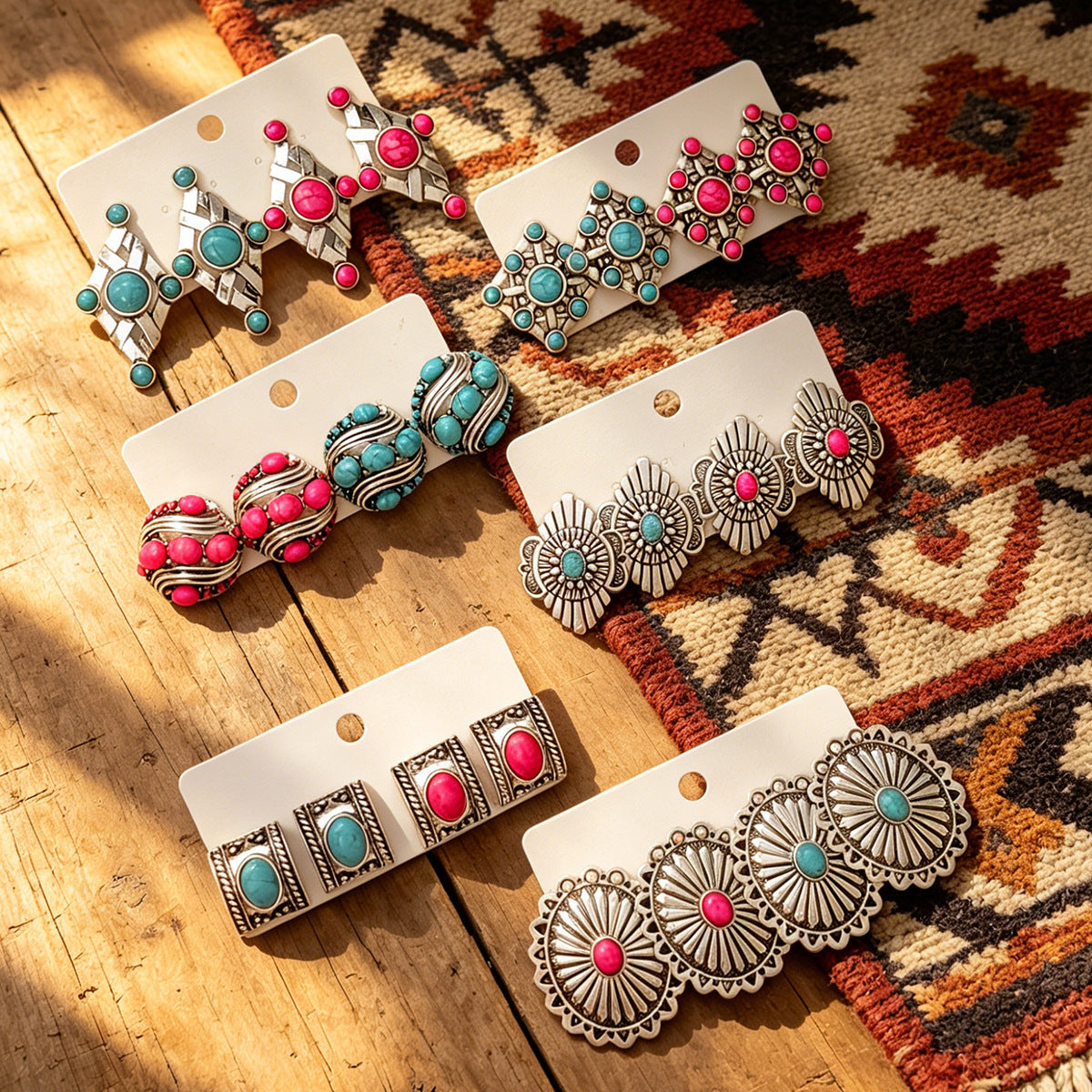 Wholesale Retro Western Geometric Turquoise Earrings Set Everyday Fashion Jewelry Accessory Gift For Women Boutique Resale
