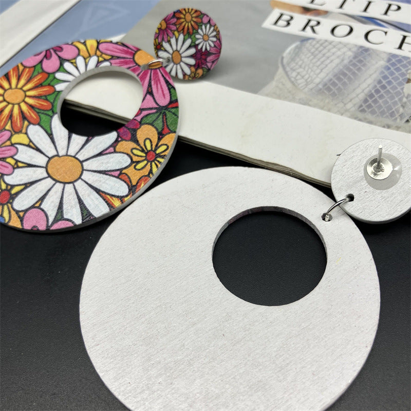 Wholesale Sun Flower Wood Hoop Earrings ACC-ES-FX035