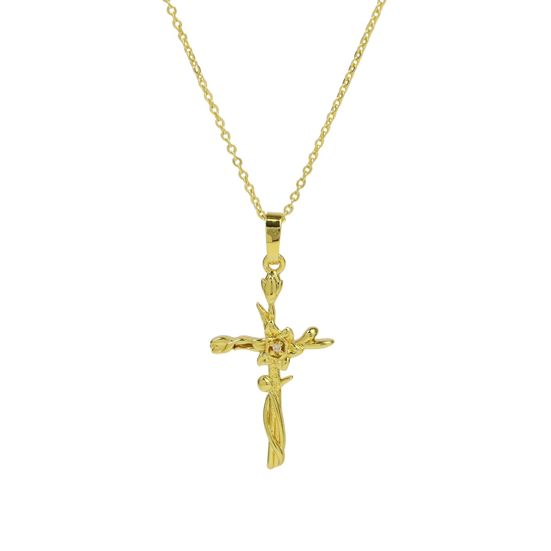 Wholesale  Brass Plated 18k December Flower Cross Pendant Necklace