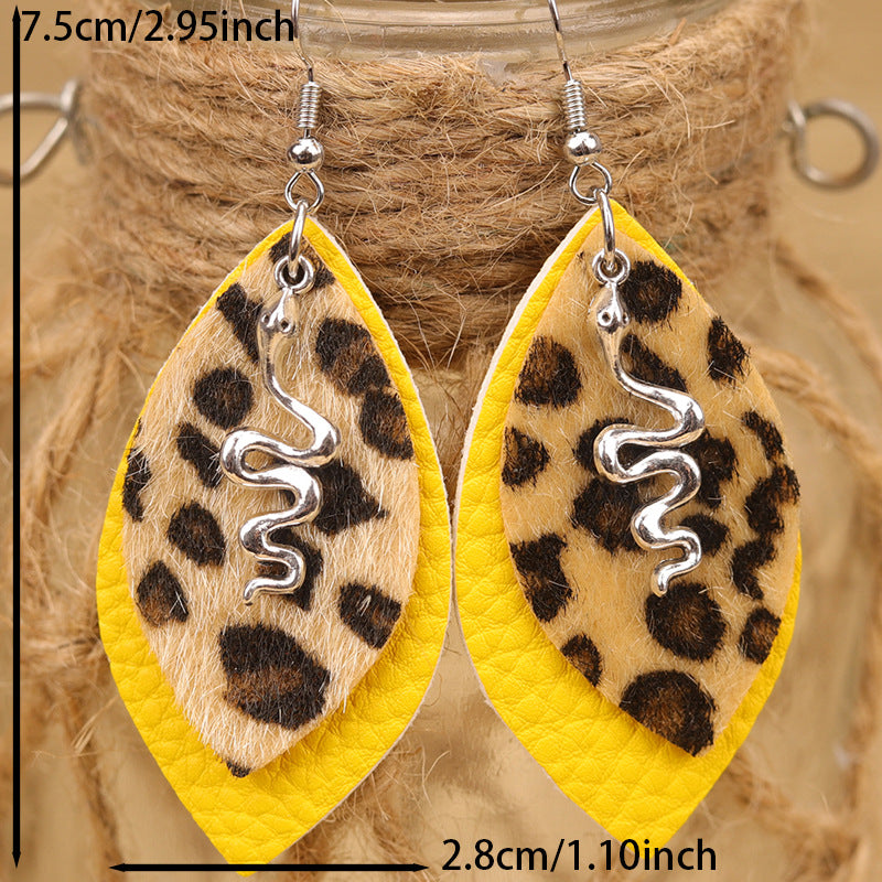Wholesale Creative Leopard Print Retro Multi-Layered Water Drop Shape Snake Ladies Leather Earrings