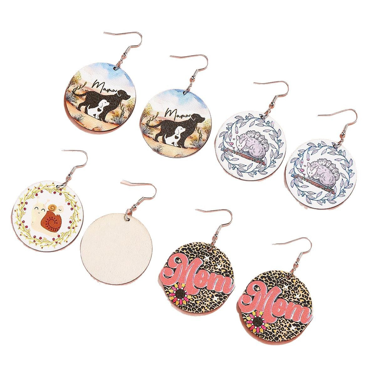 Wholesale  Round Wooden Earrings Animal Elements Printing Earrings