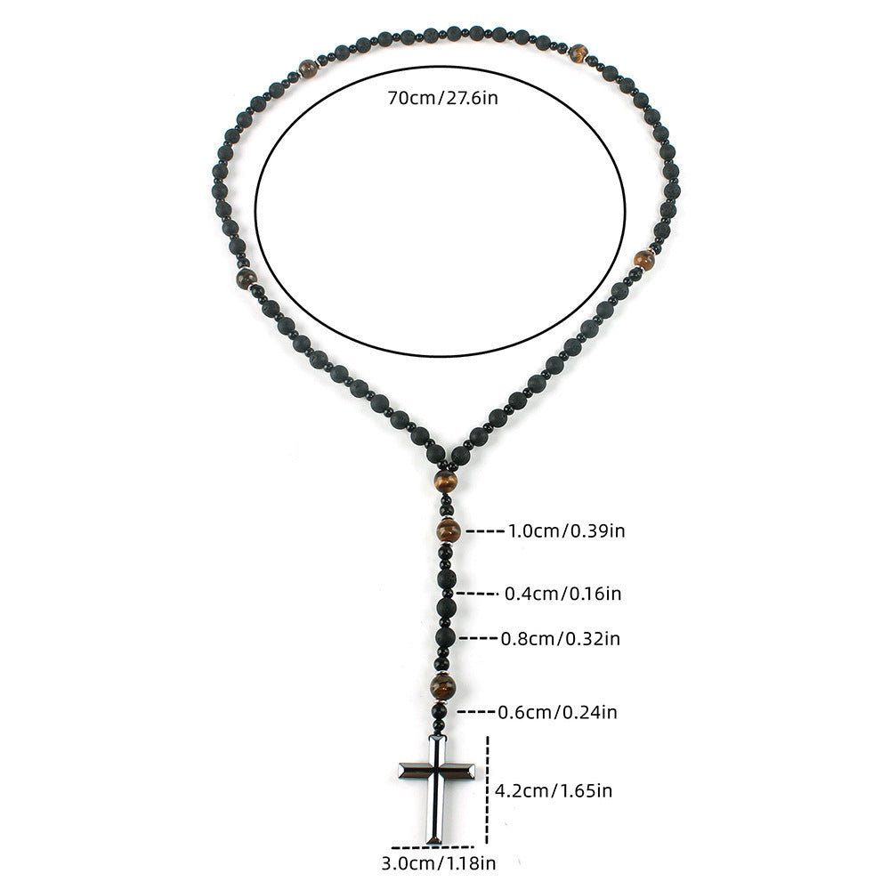 Wholesale Natural Stone Black Volcanic Rock Yellow Tiger Eye Iron Stone Cross Necklace