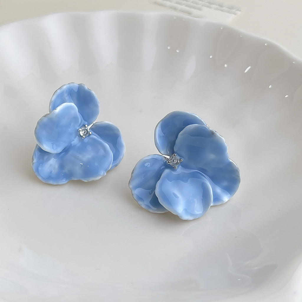 Wholesale Copper Blue Enamel Drip-Glazed Flower Earrings,  Fresh Floral Pearl Studs,  Fashion Accessory