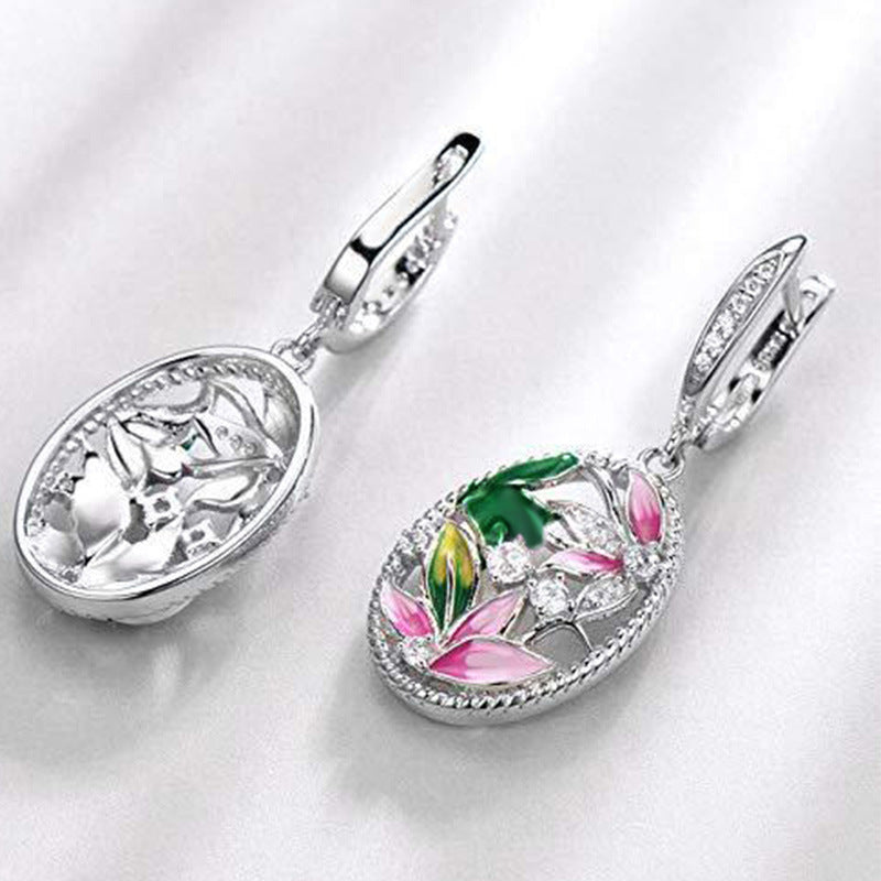 Wholesale Epoxy Oval Flower Enamel Diamond Valentine's Day Earrings