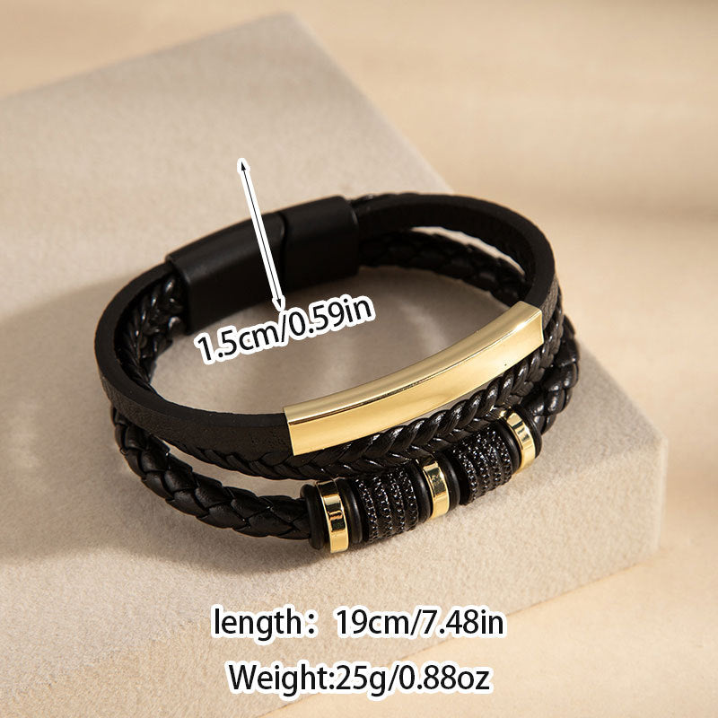 Wholesale Woven PU Leather Men S Fashion Bracelet Three Layer Design With Engravable Alloy Magnetic Clasp Everyday Accessory