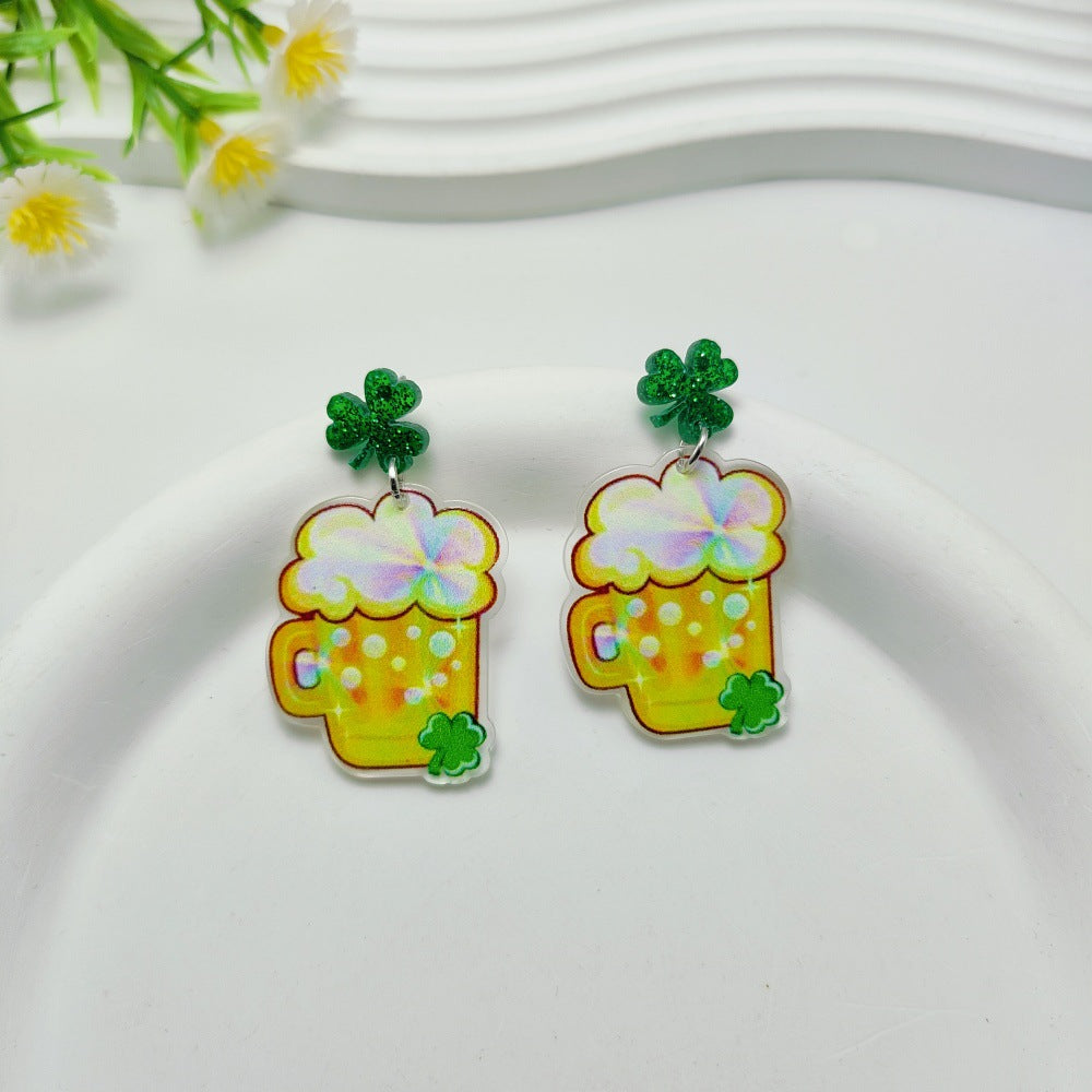 Wholesale 10pcs St. Patrick's Day Acrylic Glitter Green Hat Clover Earrings