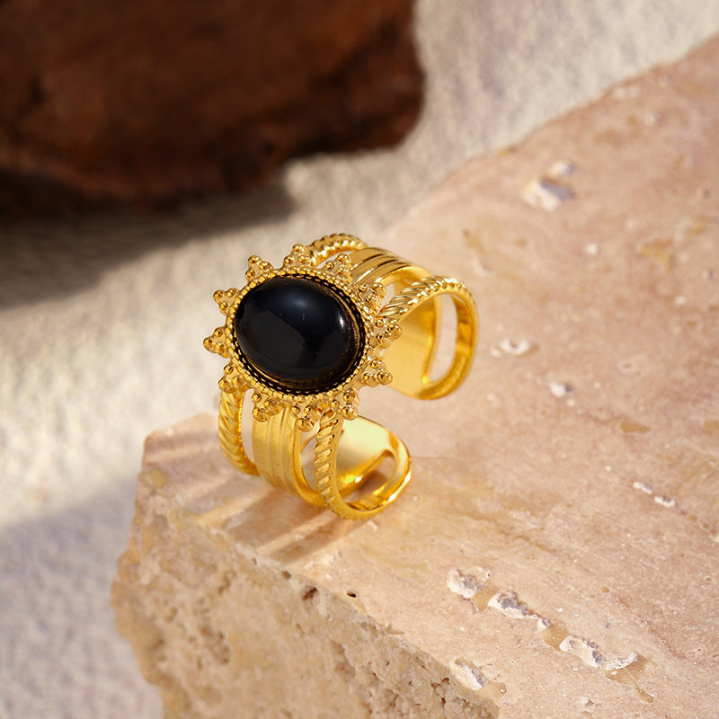 Wholesale retro obsidian open stainless steel ring