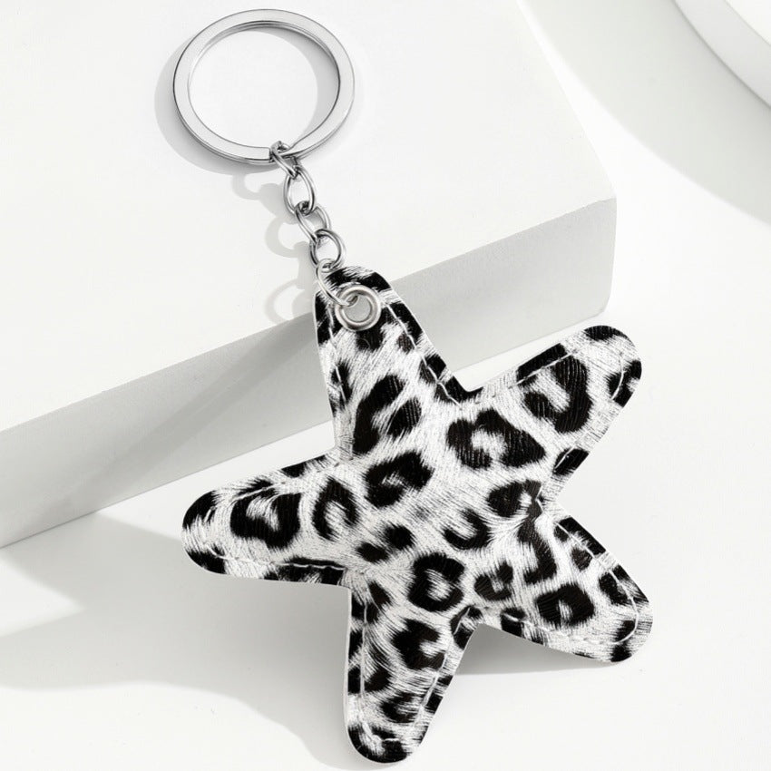 Wholesale Cross-Border Leopard Print Cotton-Filled Pu Five-Pointed Star Keychain Pendant Couple Leather Leopard Print Star Car Bag Pendant
