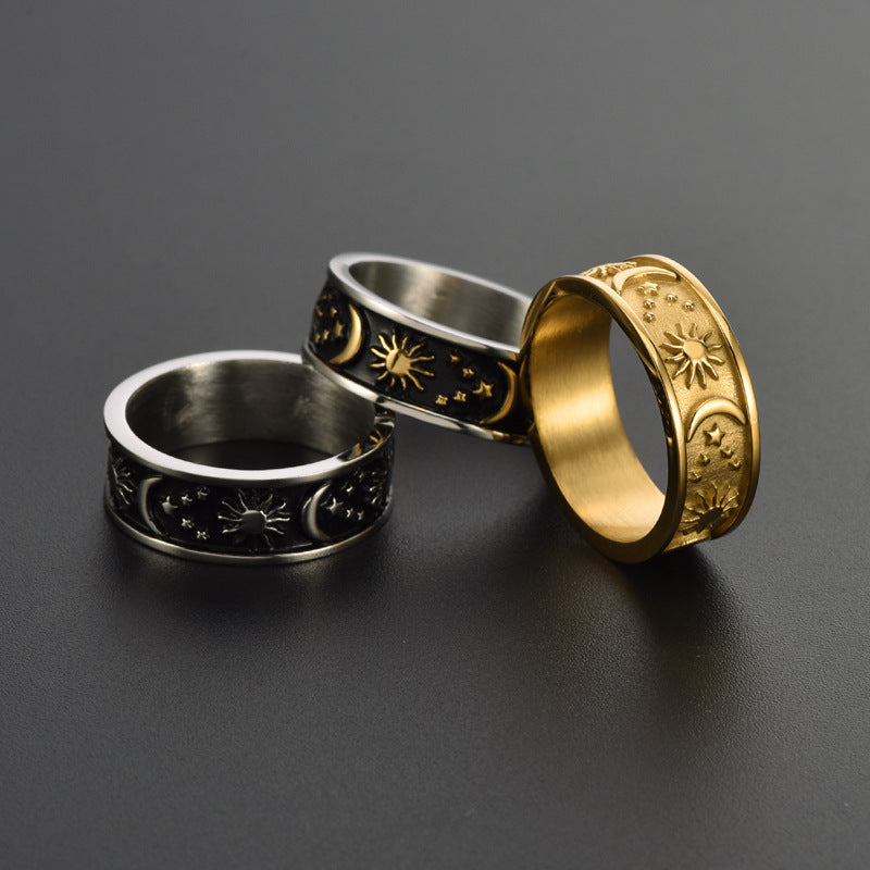 Anello all'ingrosso in acciaio al titanio con anello stella luna e sole