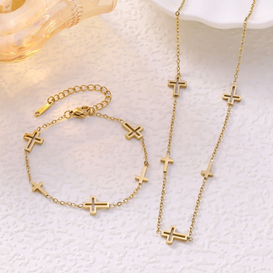Wholesale Titanium Steel Hollow Cross Pendant Bracelet and Necklace Set Fashion Accessory Everyday Wear