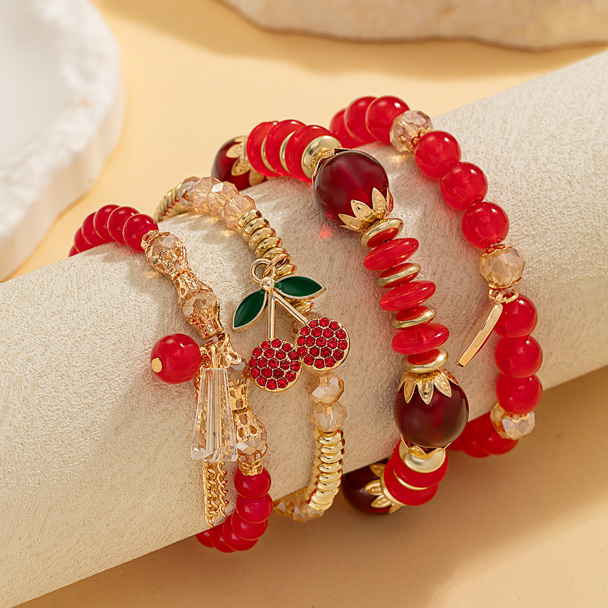 Wholesale cherry heart pendant red transparent beaded elastic women' s bracelet