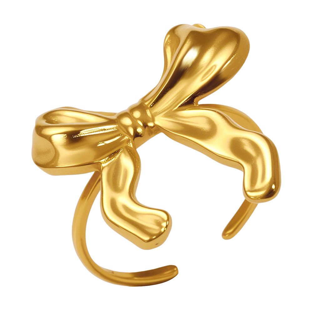 Wholesale Trendy 18K Gold Plated Stainless Steel Bow Ring For Women Simple Hand Polished Fashion Jewelry Accessory Gift Boutique Resale