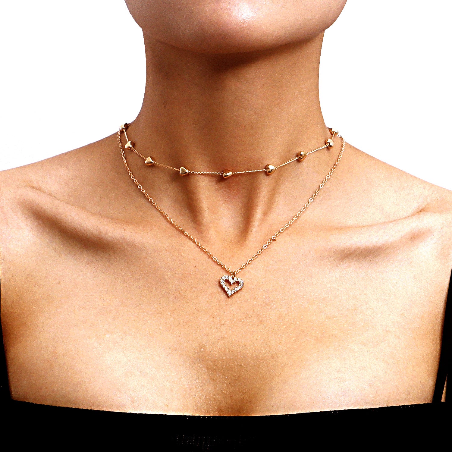 Wholesale double-layer mixed color hip-hop clavicle chain love clavicle chain necklace