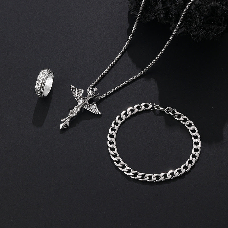 Wholesale Stylish Black Cross Crown Roman Numeral 3 Piece Jewelry Set Necklace Bracelet Ring Fashion Accessory Gift
