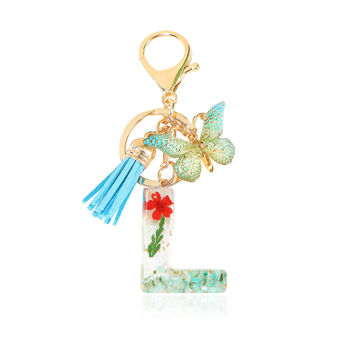 Wholesale Epoxy Green English Letter Dried Flower Crystal Keychain