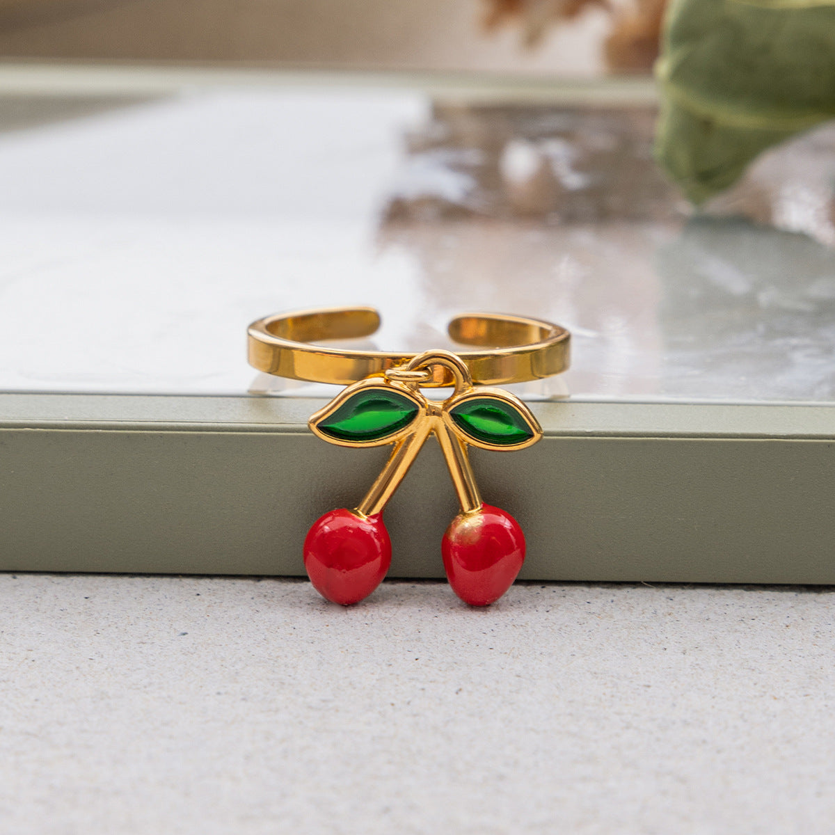 Wholesale  18K Gold Stainless Steel Oil-Dropping Cherry Pendant Adjustable Open Ring