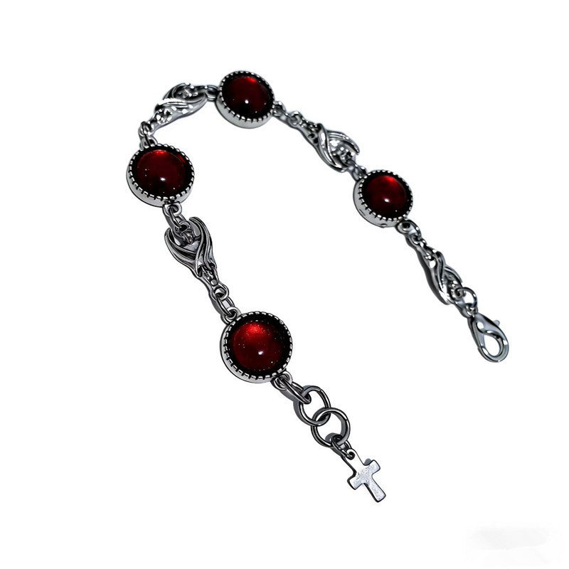 Wholesale Stainless Steel Gothic Bat Bracelet with Blood Red Glass Inlay,  Fashion Accessory for Men and Women