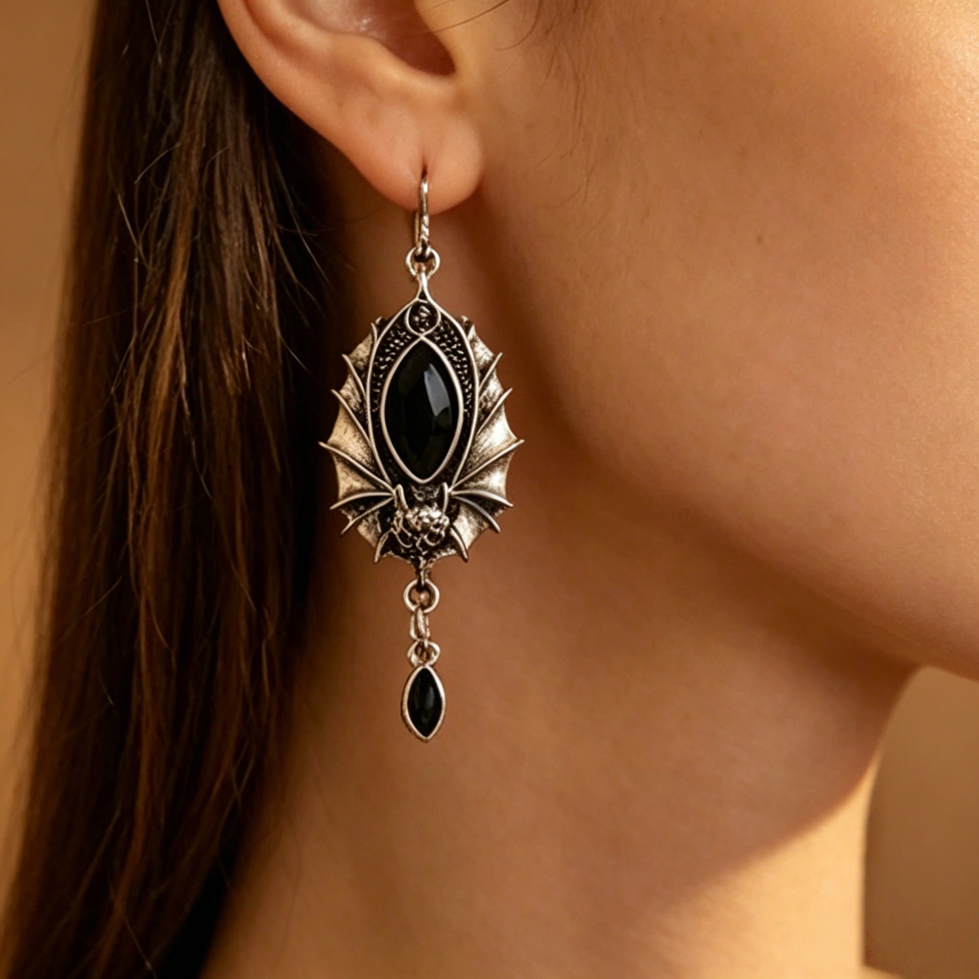 Wholesale Antique Silver Plated Bat Earrings,  Black Crystal Gothic  Witch Style,  Boutique Resale Jewelry Accessory