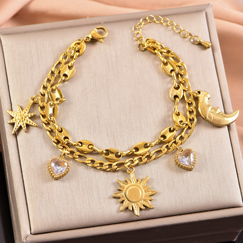 Wholesale Titanium Steel Bracelet Bow Star Moon Love Diamond Double Layer Bracelet