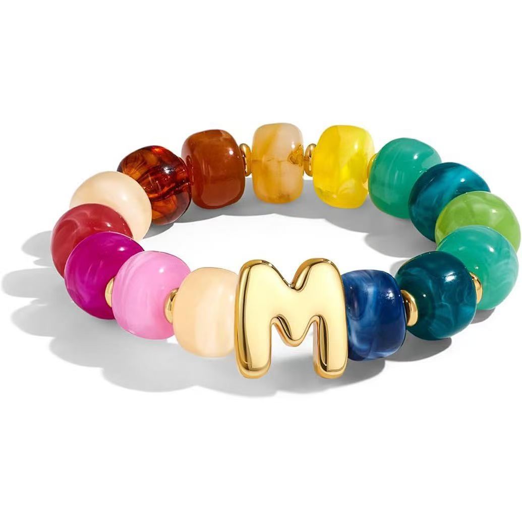 Wholesale 2026 Amazon Cross-Border Colorful Beaded 26 Letter Bracelet for Women,  Resin,  Fashionable and Unique,  High Elasticity Bracelet