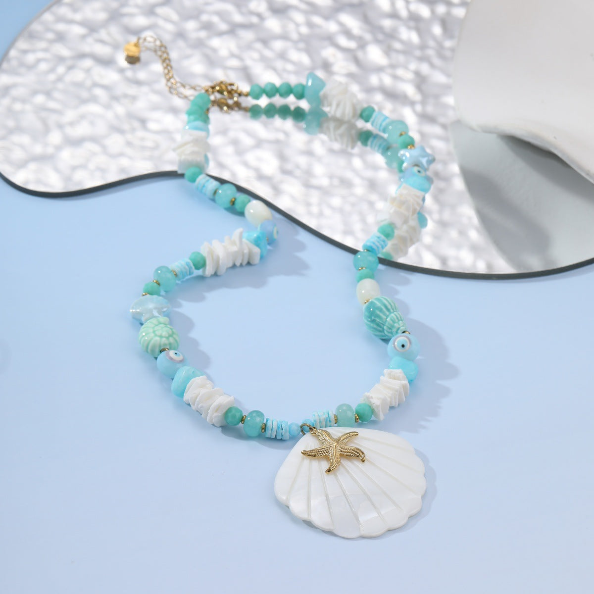 Wholesale Stainless steel ocean-themed beaded seashell pendant necklace