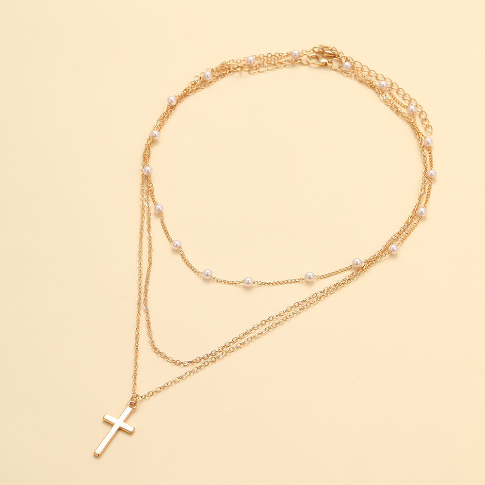 Wholesale Pearl Clavicle Chain Cross Pendant Retro Stacking Alloy Necklace ACC-NE-Xiaoy002