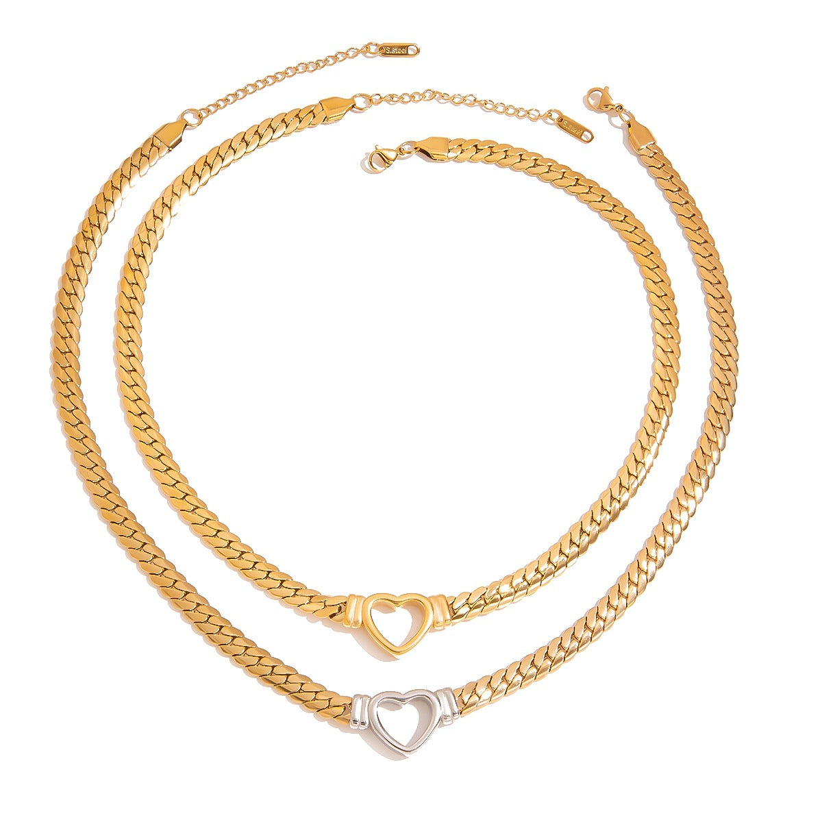 Wholesale  Stainless steel 14K Gold Cut Out Heart Flat Snake Chain Necklace