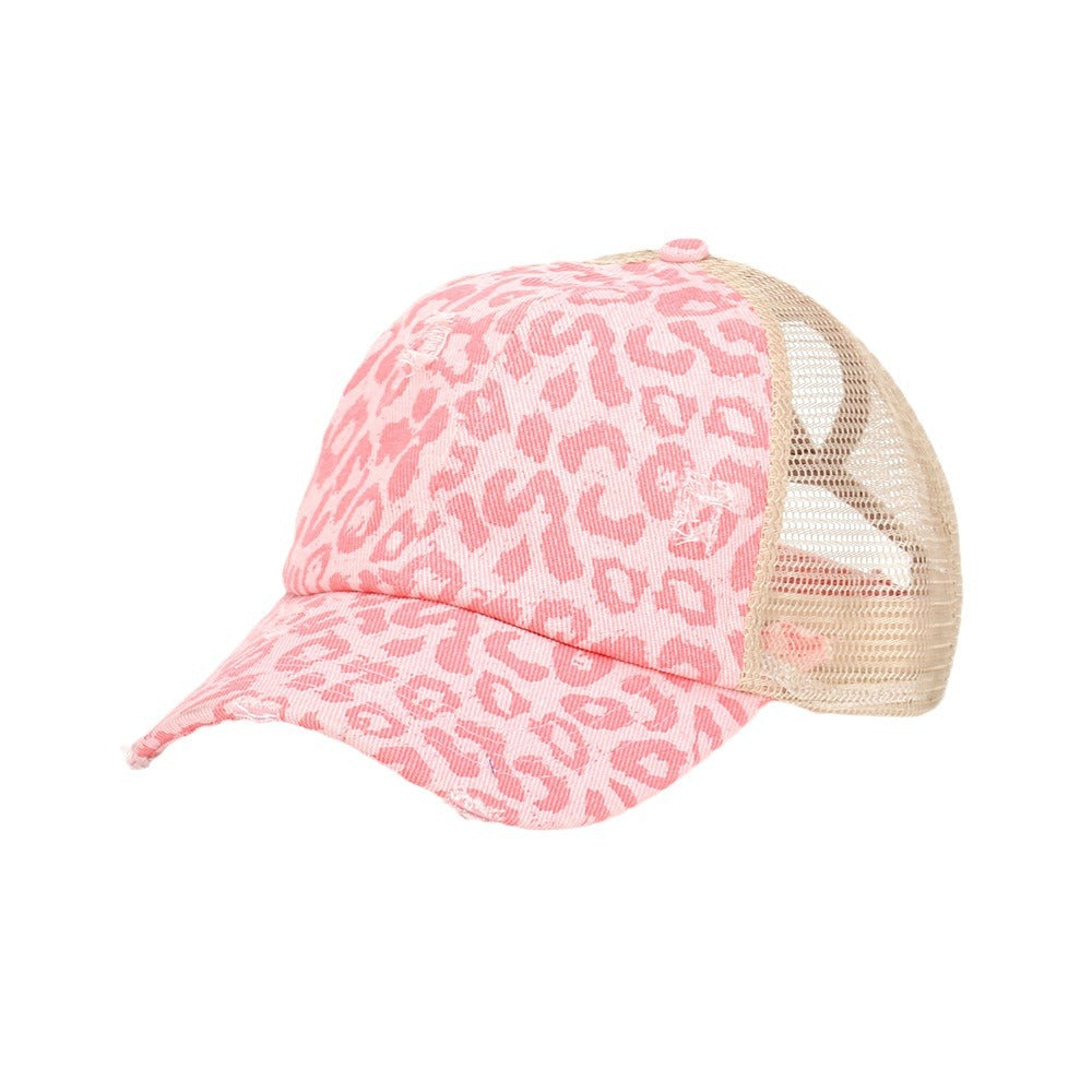 Wholesale leopard print distressed hole high ponytail baseball cap