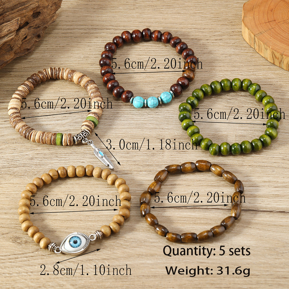 Wholesale 3PCS Vintage-style multi-layered wooden beaded evil eye bracelet