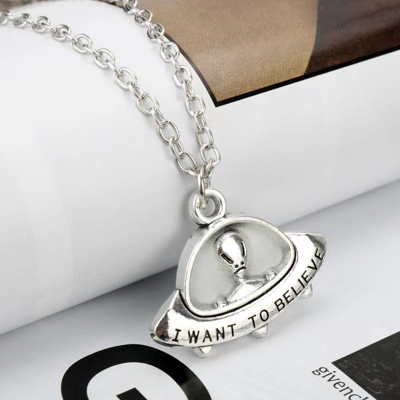 Wholesale  luminous pendant with necklace alien spaceship UFO zinc alloy necklaces