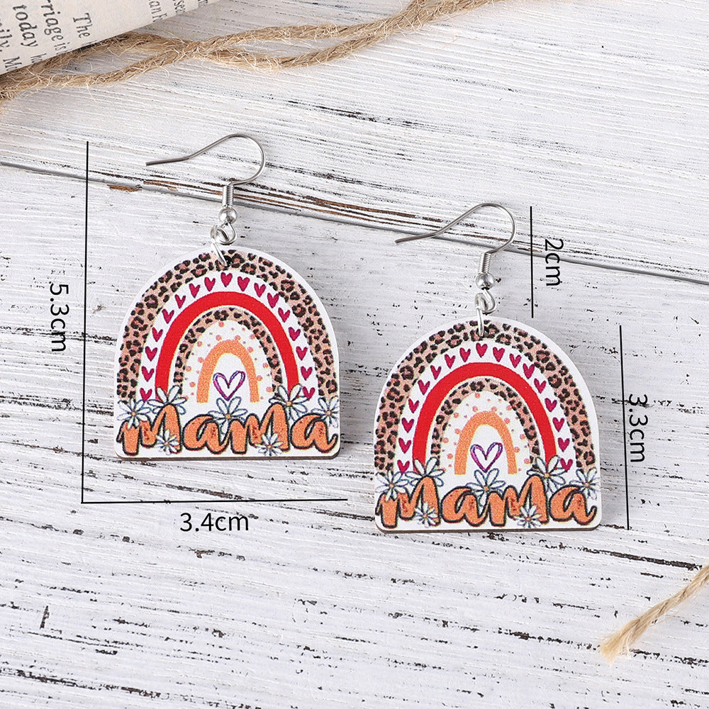 Wholesale Mother's Day MAMA MOM Leopard Sunflower Rainbow Hollow Pendant Wood Earrings ACC-ES-ChuLian094