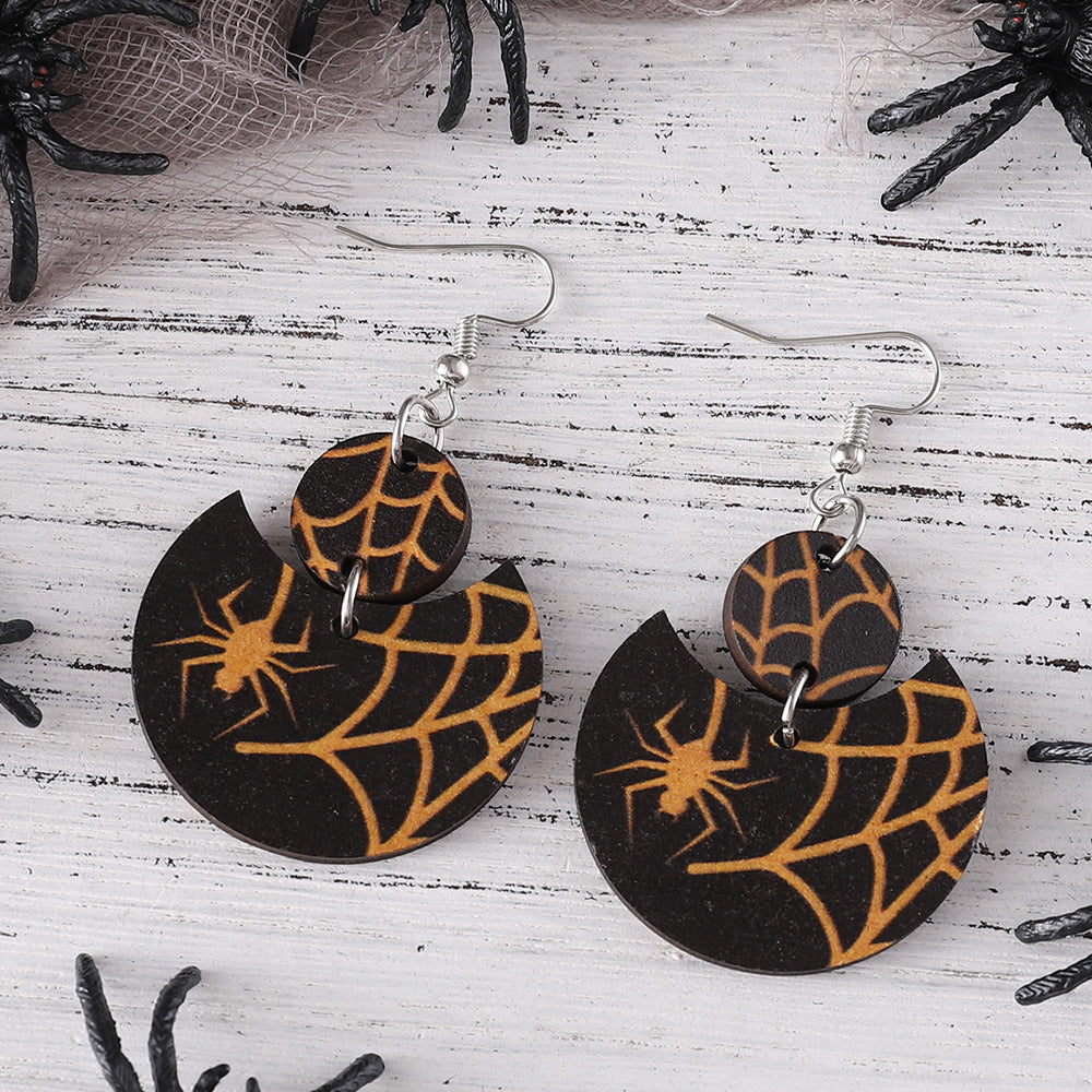 Wholesale  Gothic Pumpkin Color Wooden Double-sided Crescent Pendant Earrings