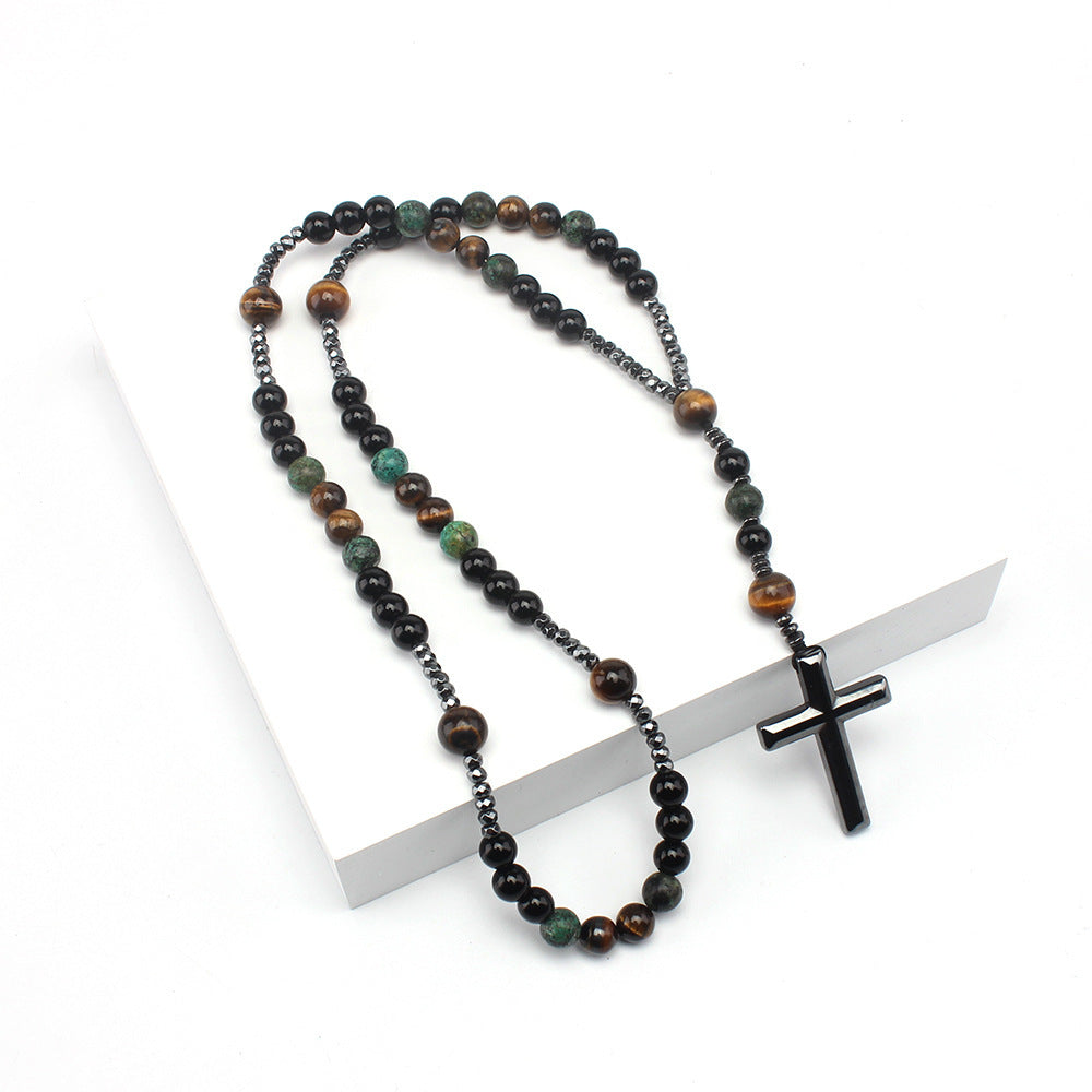 Wholesale Yellow Tiger Eye Retro Natural Stone Men' s Long Cross Necklace