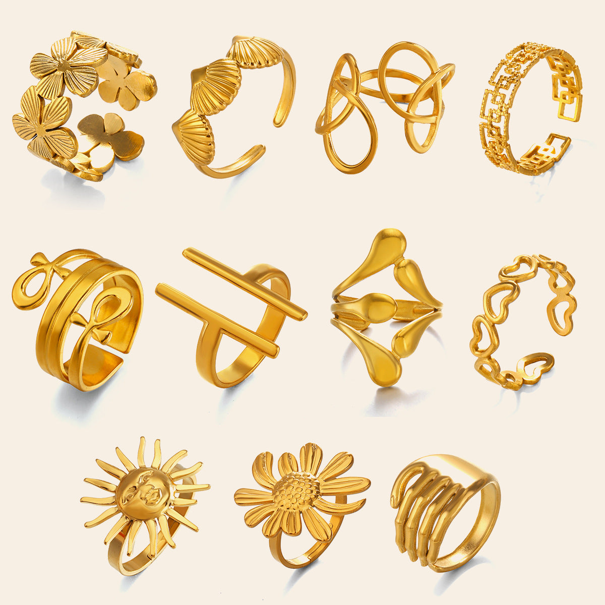 Wholesale Trendy Stainless Steel Gold Sun Ring Irregular Design Jewelry Accessory