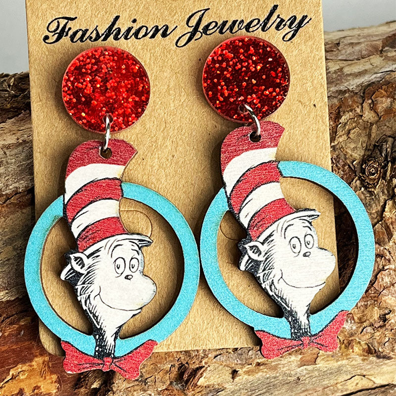 Wholesale Wooden Printed Glitter Cat Reading Earrings For Teacher Book Lover Fashion Jewelry Accessory
