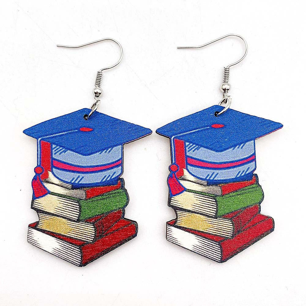 Wholesale Graduation Season Wooden Earrings Doctor Cap English Letter Pencil Book Printed Pendant Earrings