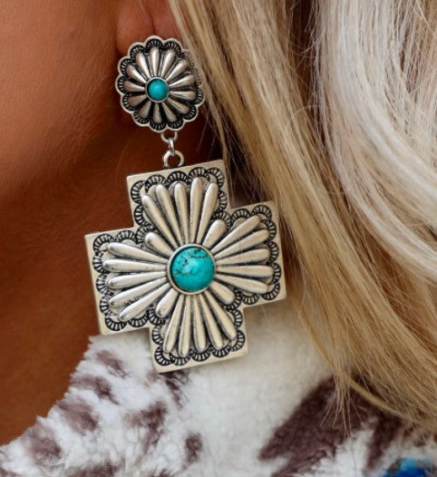 Wholesale Retro Western Turquoise Cross Earrings Alloy Electroplated Chic Jewelry Accessory Gift