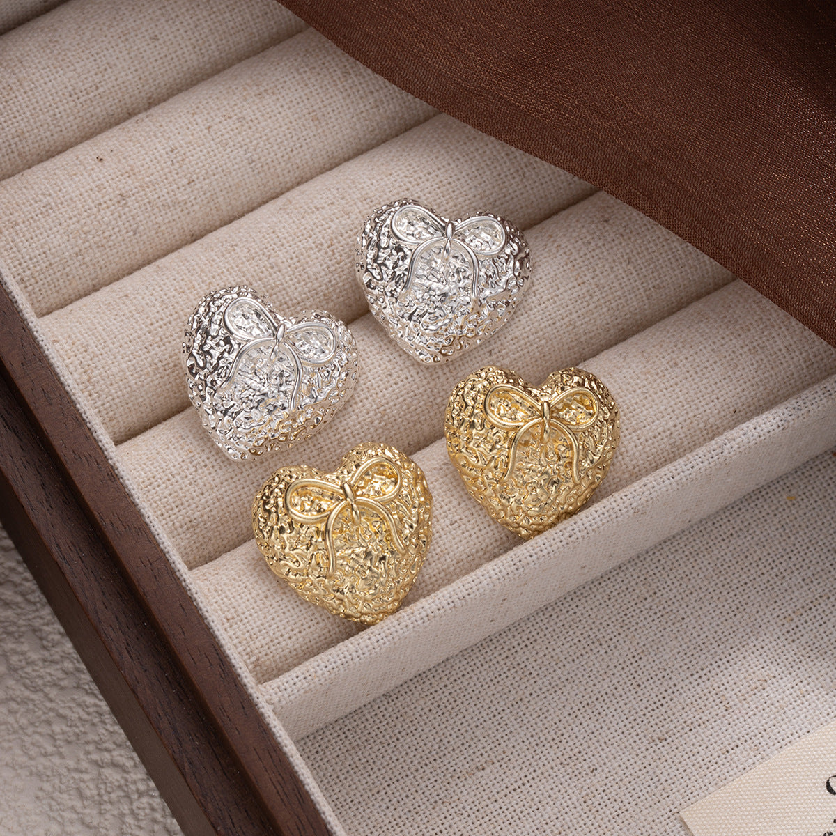 Wholesale Silver Needle Heart Bow Earrings