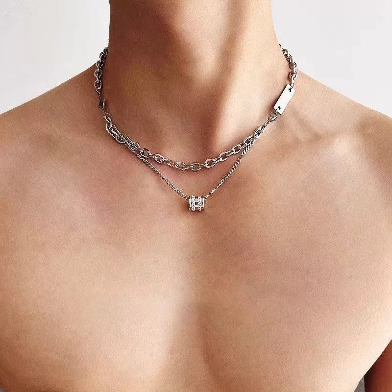 Wholesale Double Layer Titanium Steel Cuban Chain Necklace with Diamond Bead,  Trendy Hip Hop Jewelry Accessory for Men
