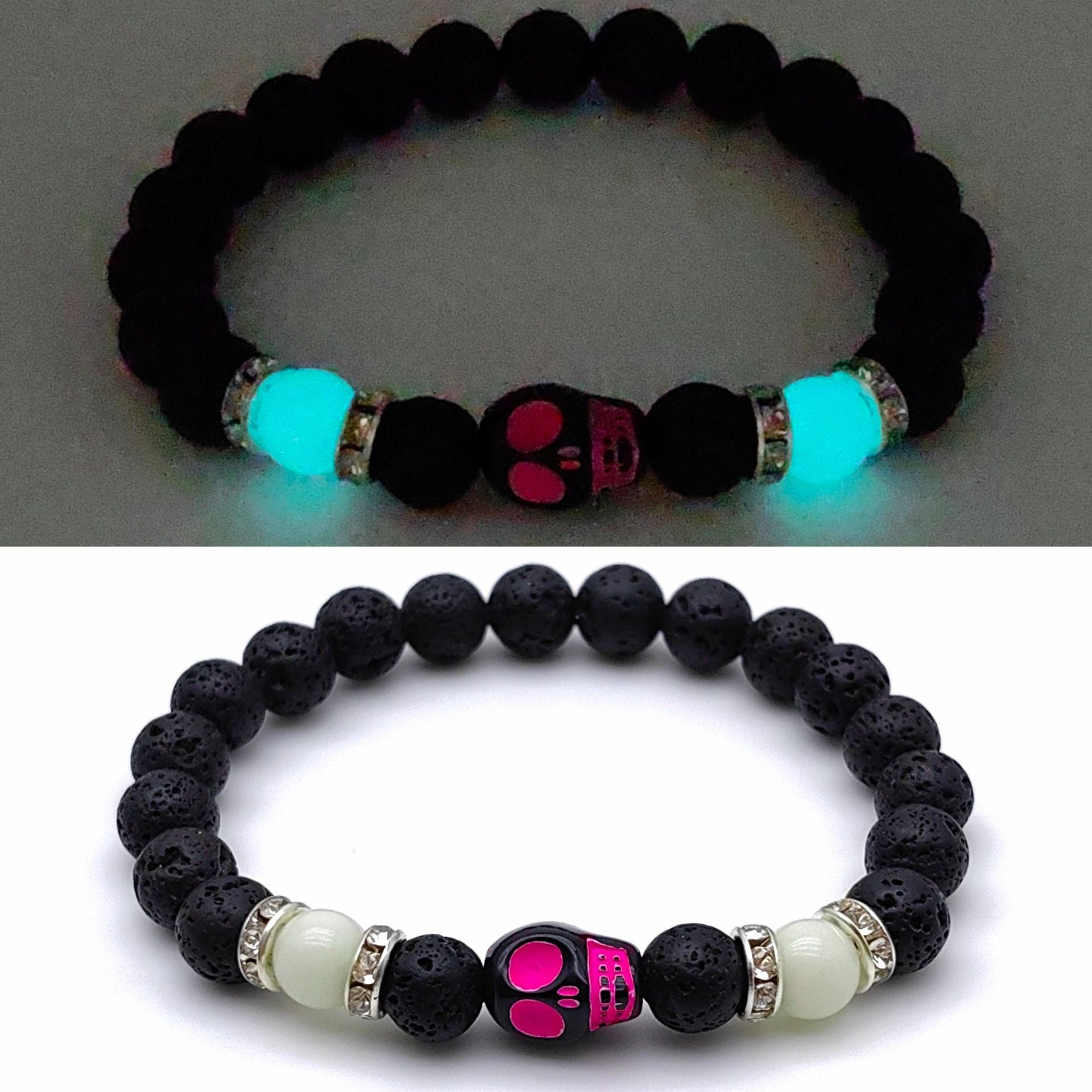Wholesale 2pcs Halloween Skull Natural Volcanic Stone Beaded Elastic Bracelet ACC-BT-XiZhao002