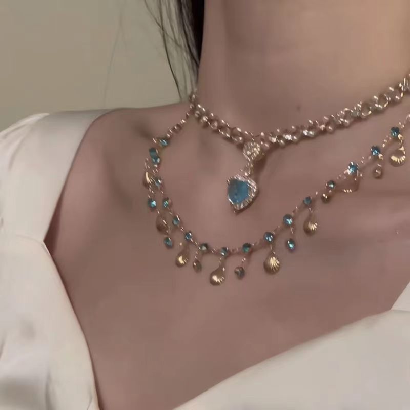 Wholesale Vacation Style Shell Pearl Layered Necklace With Blue Rhinestone Pendant Fashion Jewelry Accessory Gift