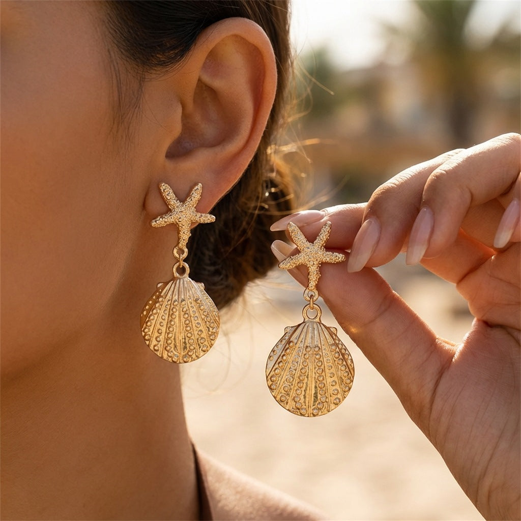 Wholesale Zinc Alloy Electroplated Starfish Shell Earrings Ocean Beach Vacation Party Jewelry Accessory